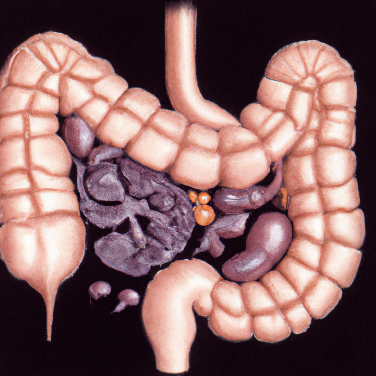 Close-up of enlarged annular pancreas encircling duodenum, highlighting abnormalities and inflammation. Seek medical attention for associated symptoms.