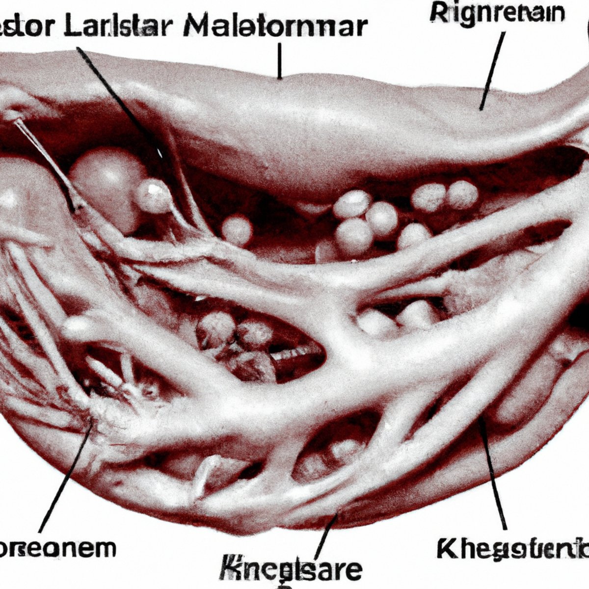 Close-up of human abdomen with swollen, twisted gallbladder surrounded by liver, stomach, and intestines. Abnormality of gallbladder volvulus emphasized.