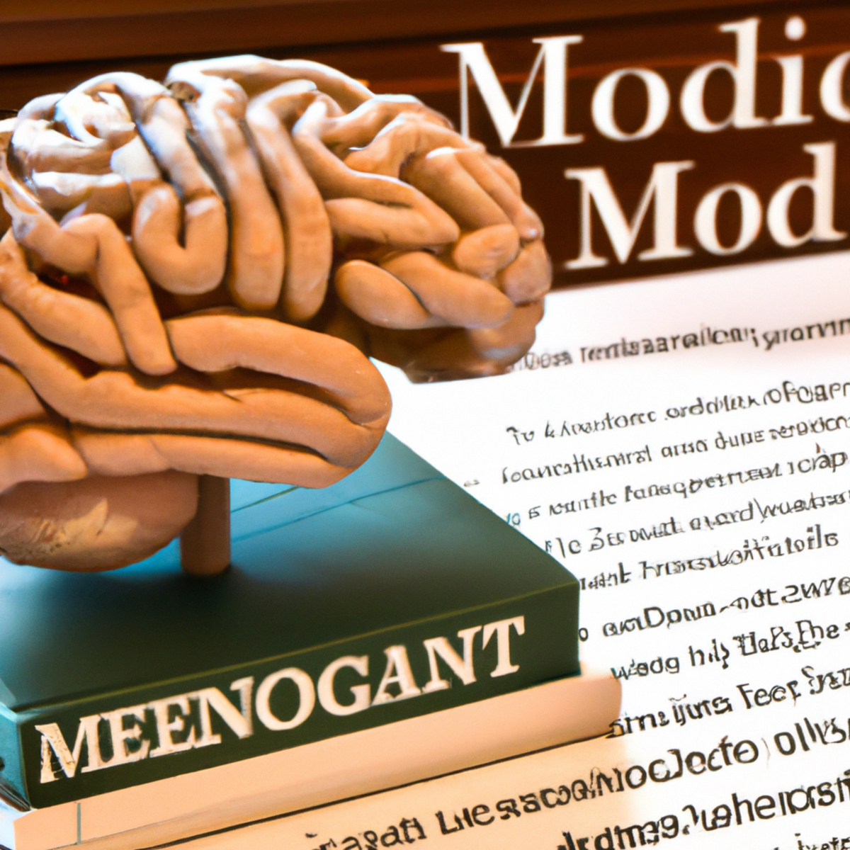 Close-up of lifelike brain model on modern desk, surrounded by medical texts, symbolizing scientific exploration of Niemann-Pick Disease's impact on nervous system.