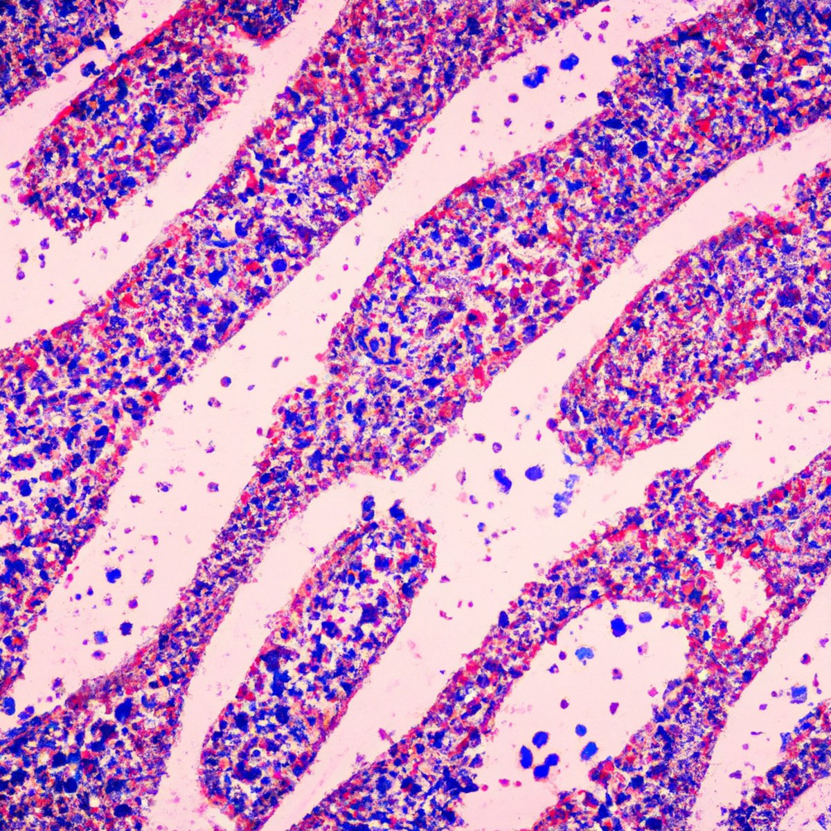 Close-up of microscope slide with vibrant colors and intricate patterns of cells and tissues, showcasing Felty Syndrome.