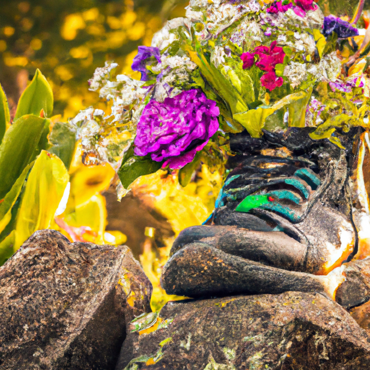 Resilient individuals with Gaucher Disease triumph through blooming flowers, hiking boots, and a gleaming trophy. Embrace inner strength.
