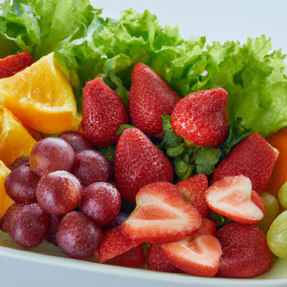 Fresh and vibrant fruits and vegetables on a white plate, symbolizing the importance of nutrition in managing Eosinophilic Gastroenteritis.