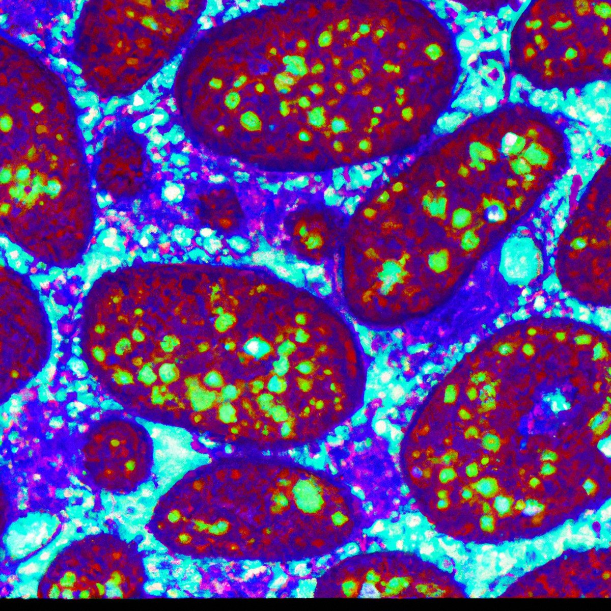 Close-up of stained pancreatic cells on a microscope slide, revealing intricate details and abnormal behavior in Nesidioblastosis.
