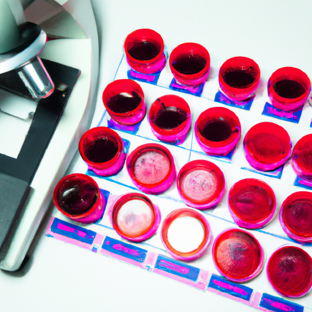 Close-up of laboratory microscope with vibrant blood samples labeled with markers, showcasing precision in diagnosing autoimmune hemolytic anemia.
