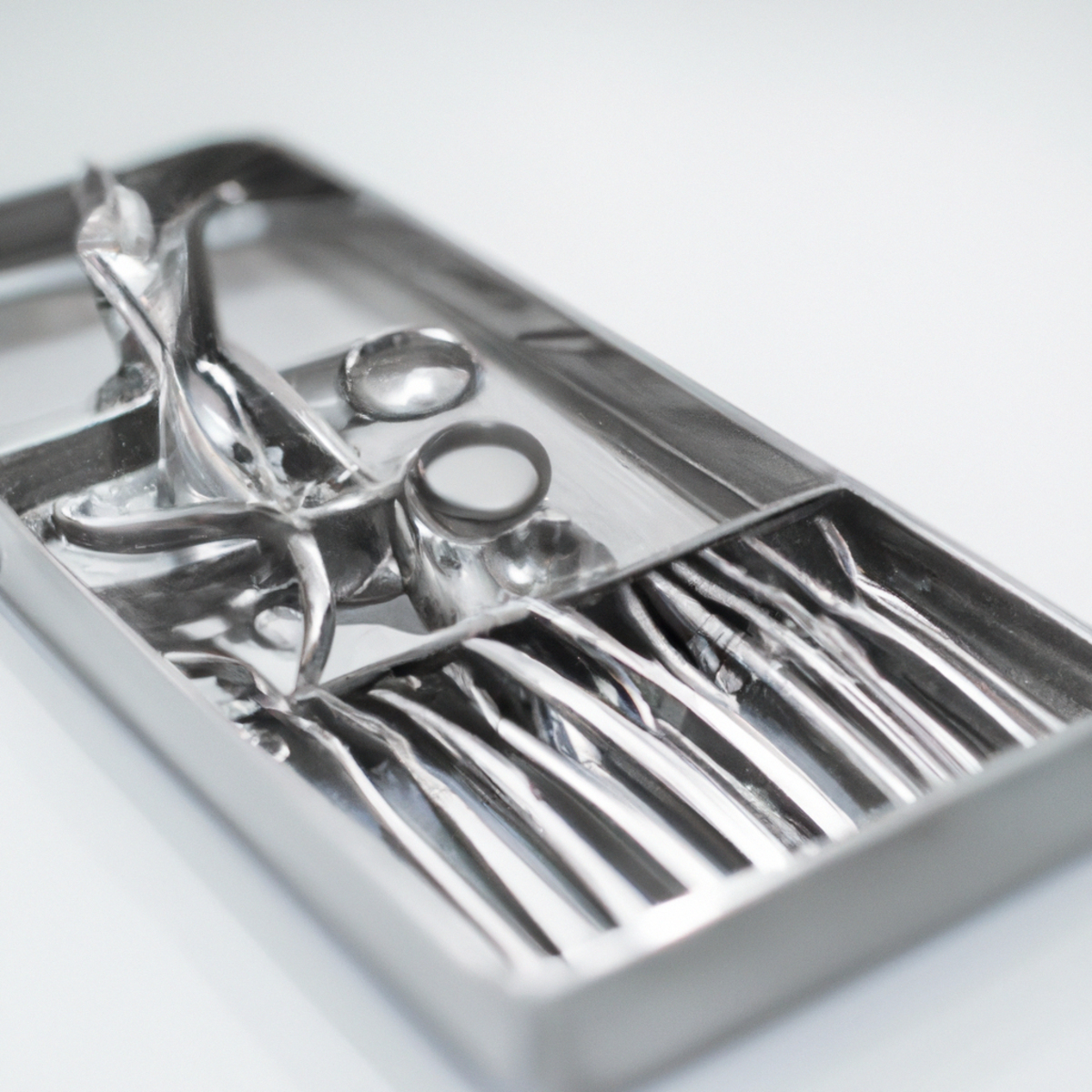 Close-up view of surgical instrument tray with stainless steel tools, including forceps delicately holding gallbladder model.