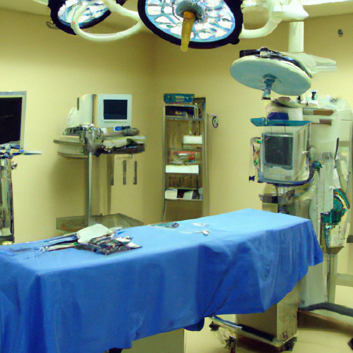 Sterile surgical room with well-lit operating table, laparoscope, and neatly arranged surgical instruments - Gallbladder Agenesis