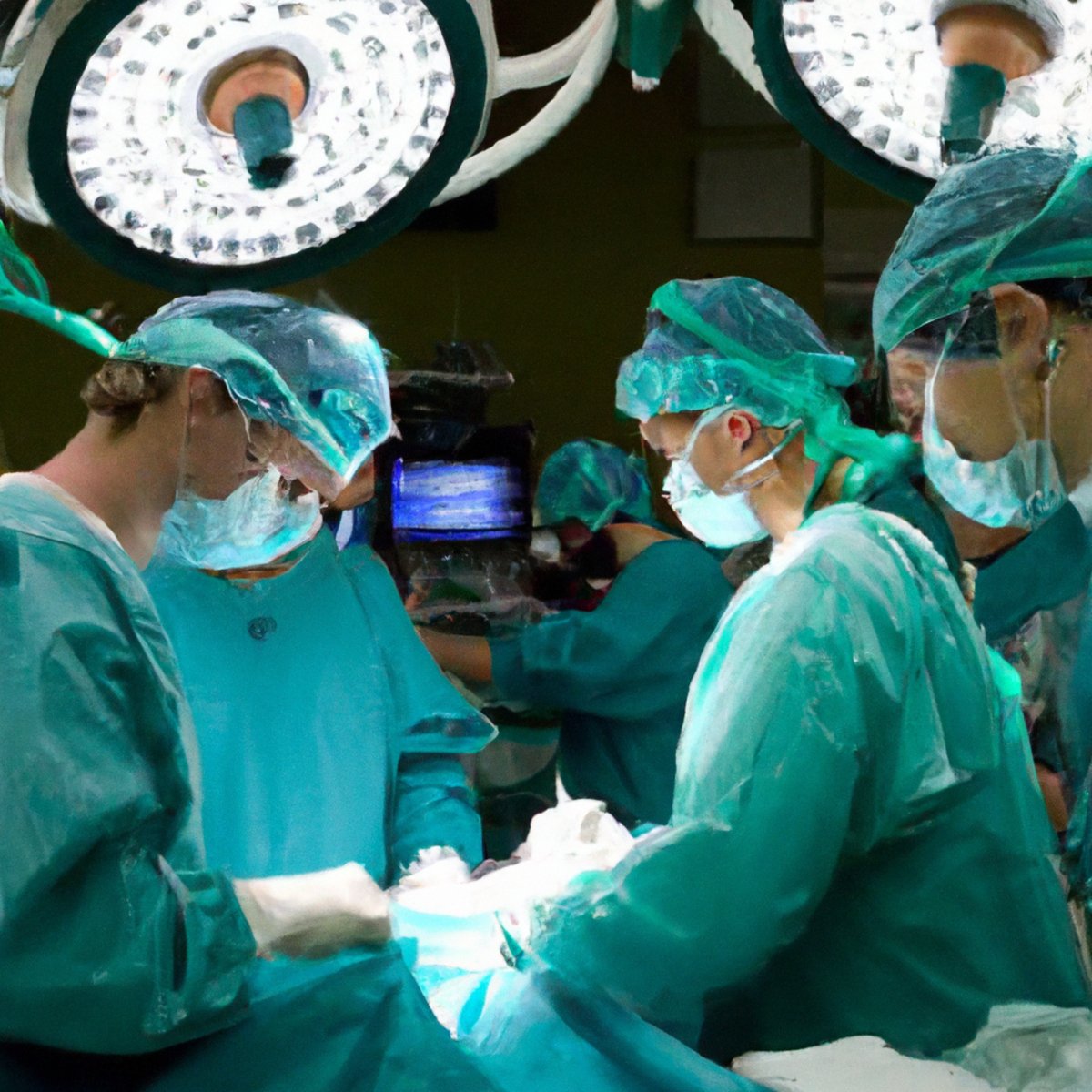 Skilled medical team performing complex procedure in surgical theater, highlighting dedication in treating gallbladder leiomyosarcoma.