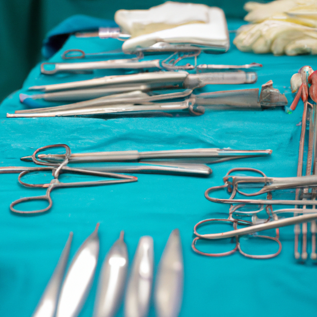 Neatly arranged surgical instruments on a table in a well-lit operating room, showcasing precision and professionalism - Gallbladder Duplication