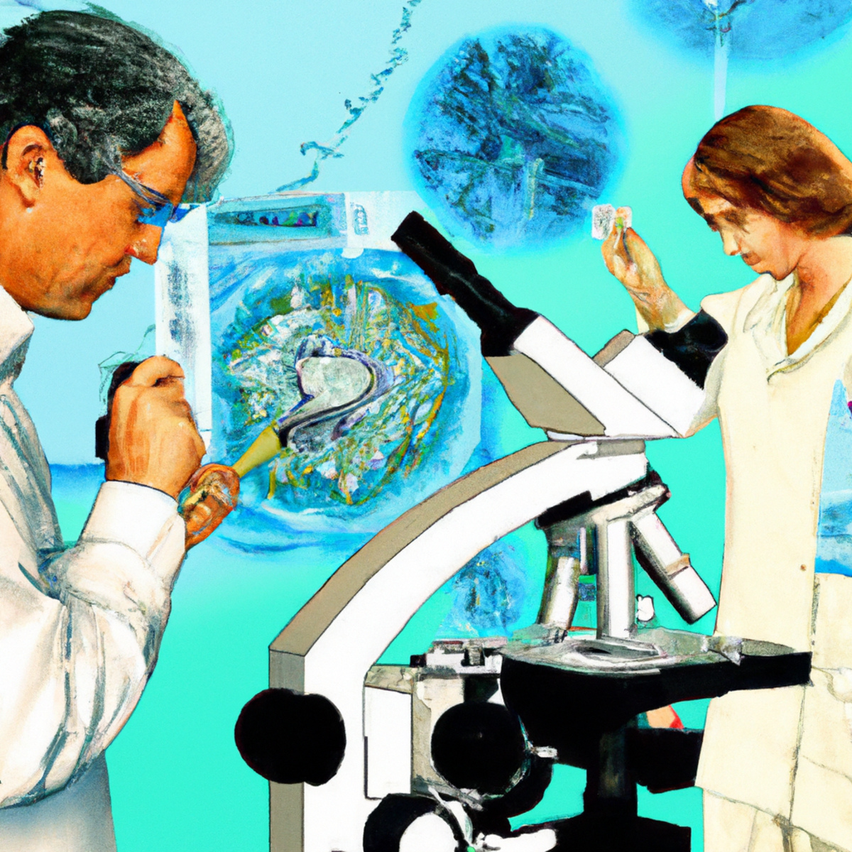 Scientists conducting groundbreaking research on gallbladder neuroendocrine tumor in a laboratory, using a microscope and scientific instruments.