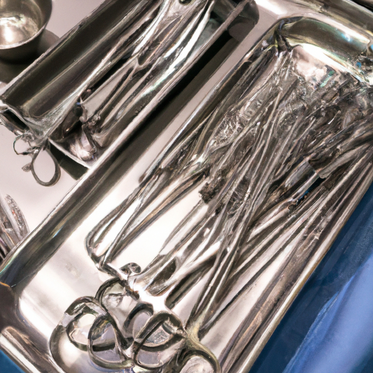 Surgical instrument tray with sterile tools and equipment, highlighting precision in treating gallbladder leiomyosarcoma.