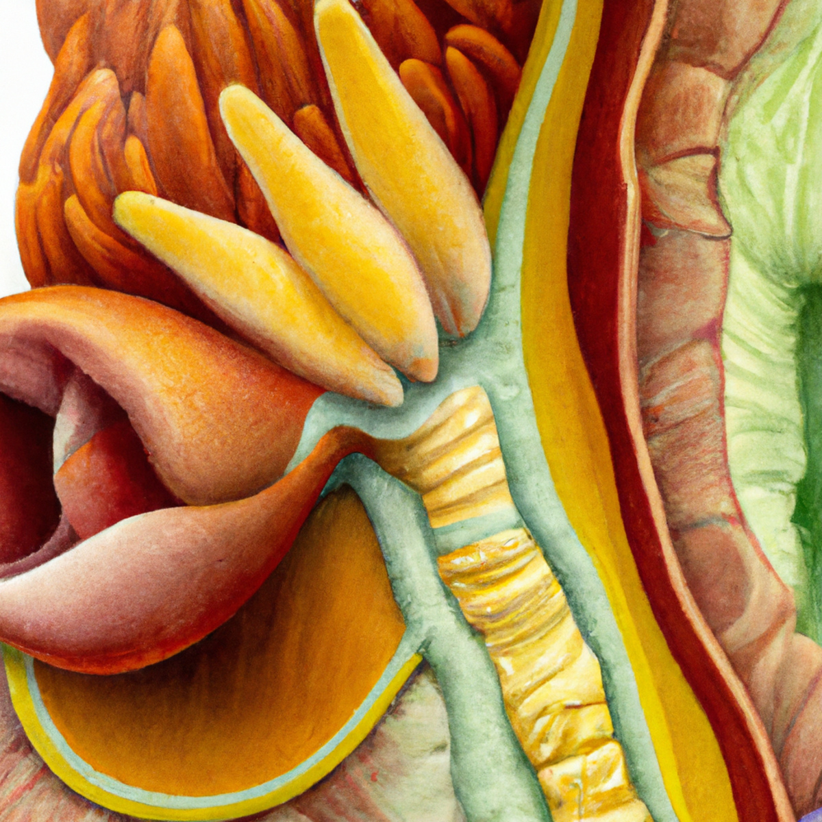 Close-up medical illustration of gallbladder, liver, and bile ducts, highlighting intricate anatomy and interconnectedness.
