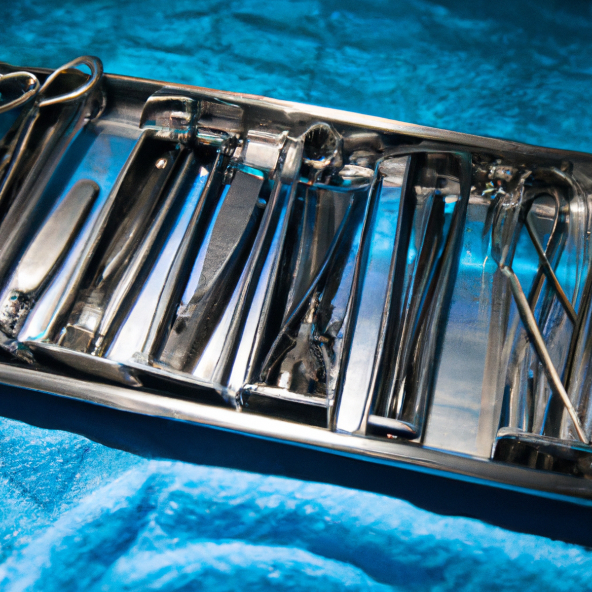 Sterile medical tools on tray, reflecting bright lights, against blue surgical drapes. Precision in gallbladder carcinoma tumor removal.