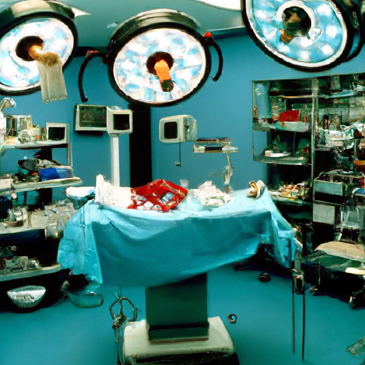 Surgical theater with well-lit operating room, sterile equipment, and a surgical microscope for studying gallbladder leiomyosarcoma.