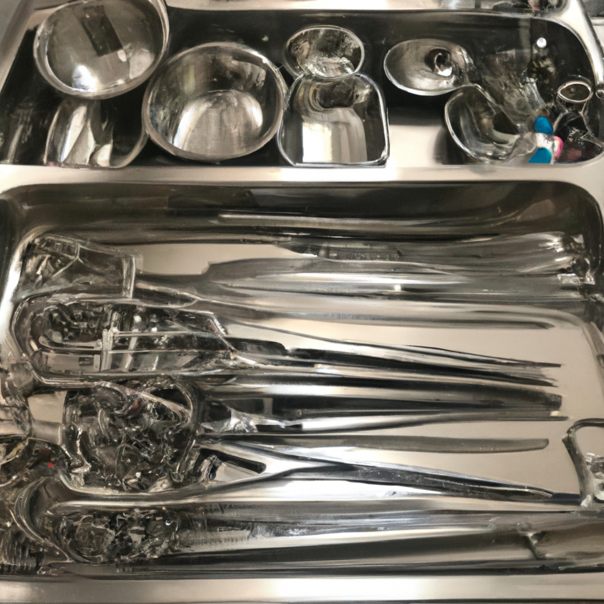 Neatly arranged surgical tools on a tray, showcasing precision and attention to detail in the field of surgery.