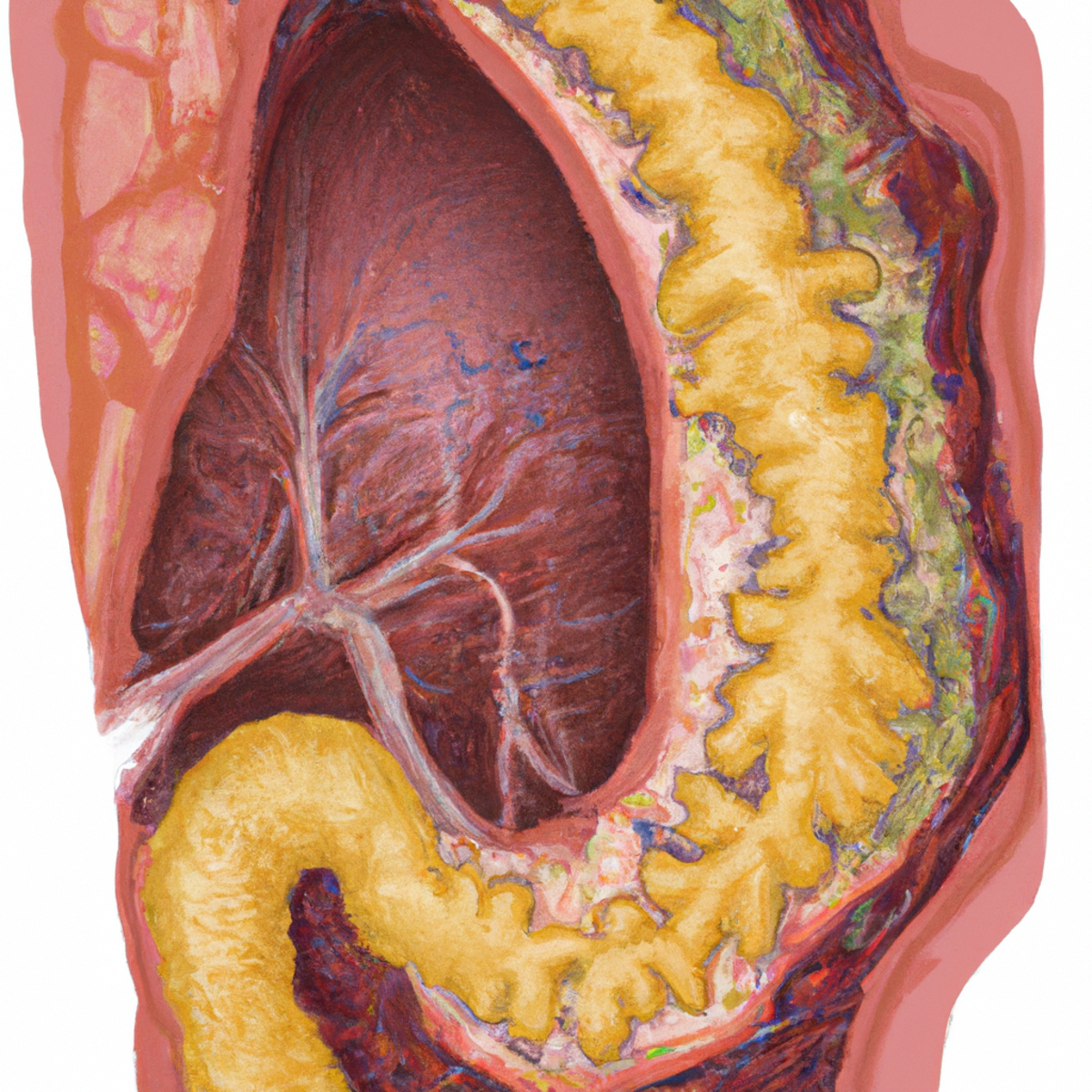 Close-up medical illustration of gallbladder agenesis, showcasing intricate anatomical structure and surrounding organs.