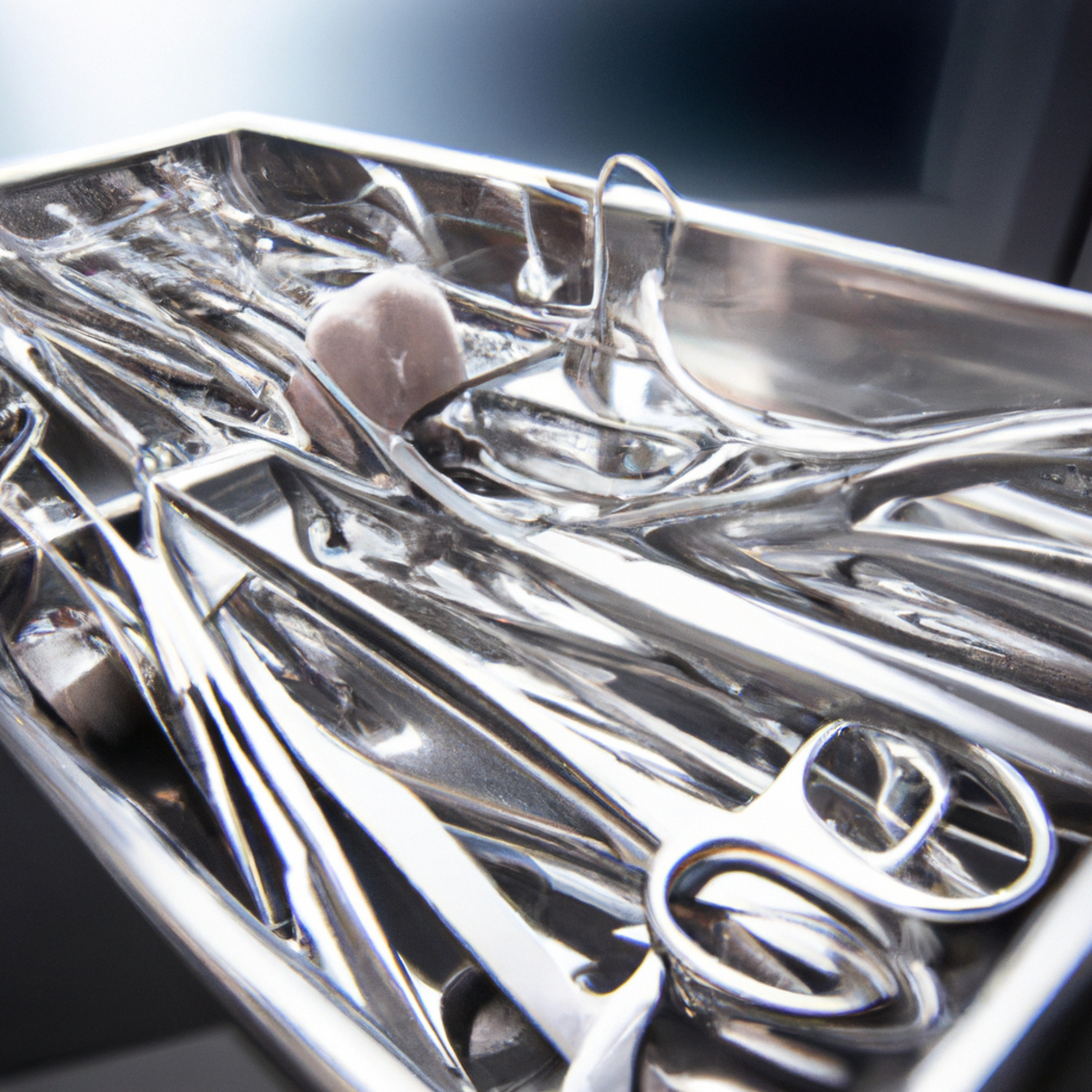 Close-up of surgical instrument tray in well-lit operating room, showcasing sterile medical tools for precise surgical procedures.