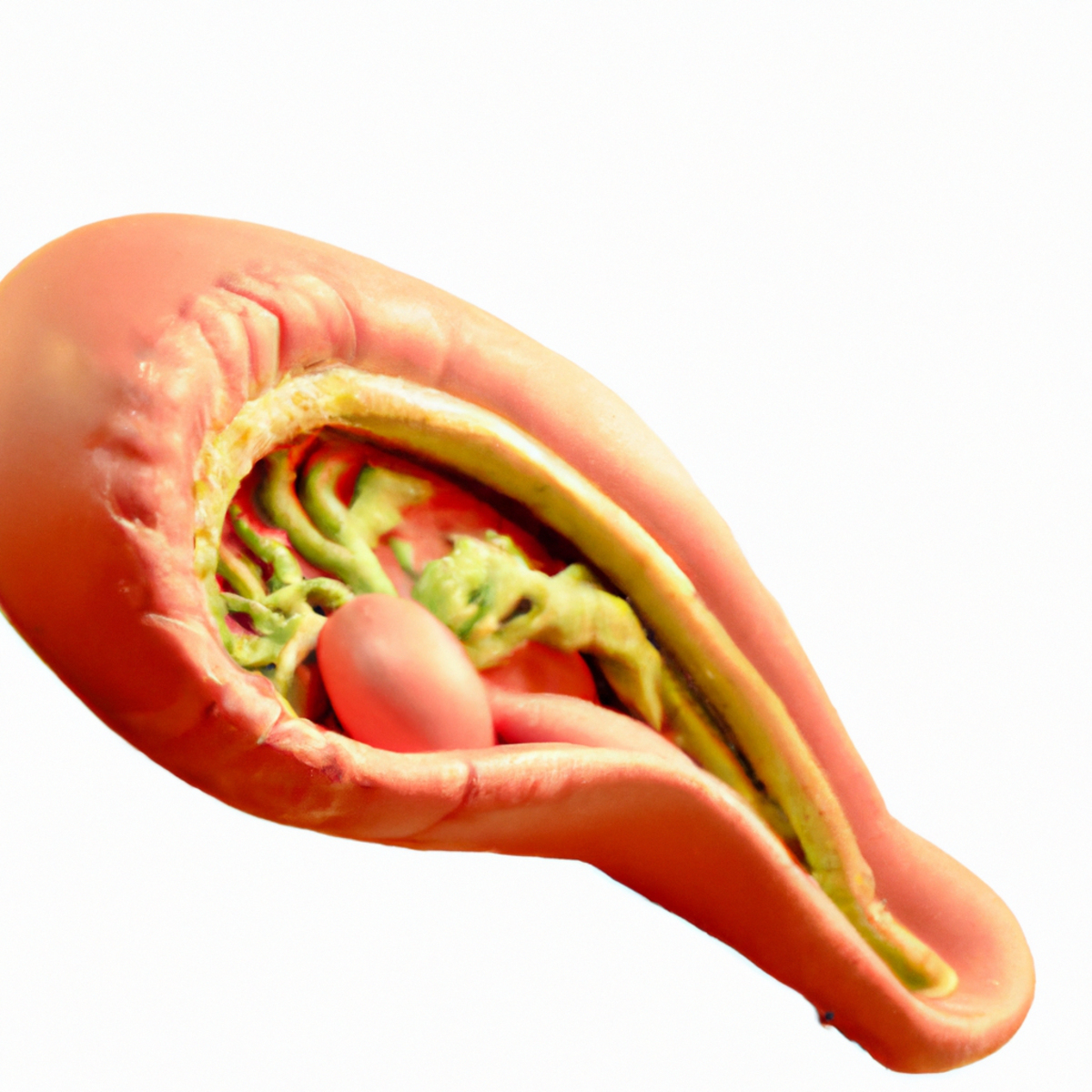 Close-up of high-quality medical model of gallbladder on white background, highlighting intricate details and absence, emphasizing gallbladder agenesis.