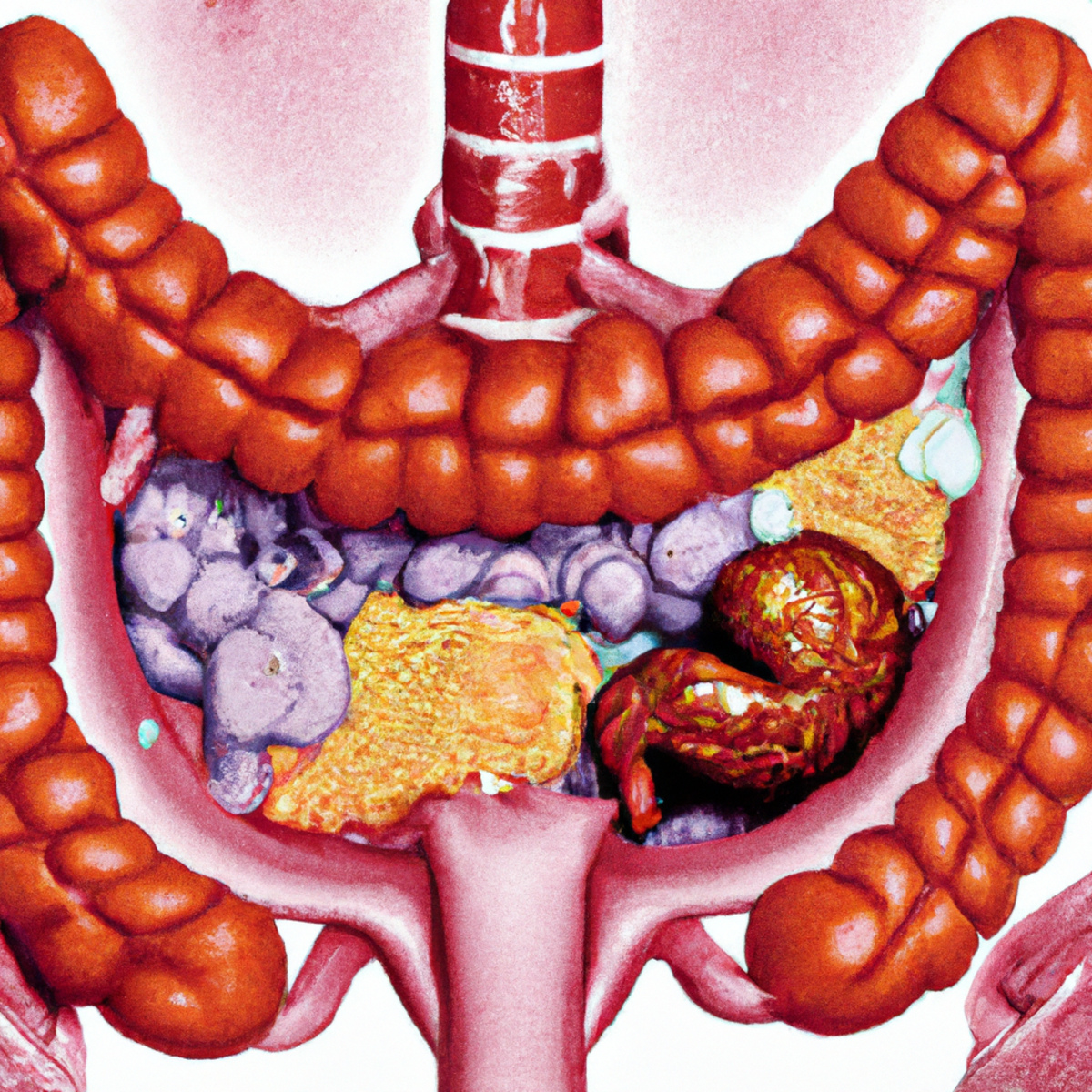 Close-up of medical illustration showing human digestive system, highlighting absence of gallbladder. Provides comprehensive visual representation of gallbladder agenesis.