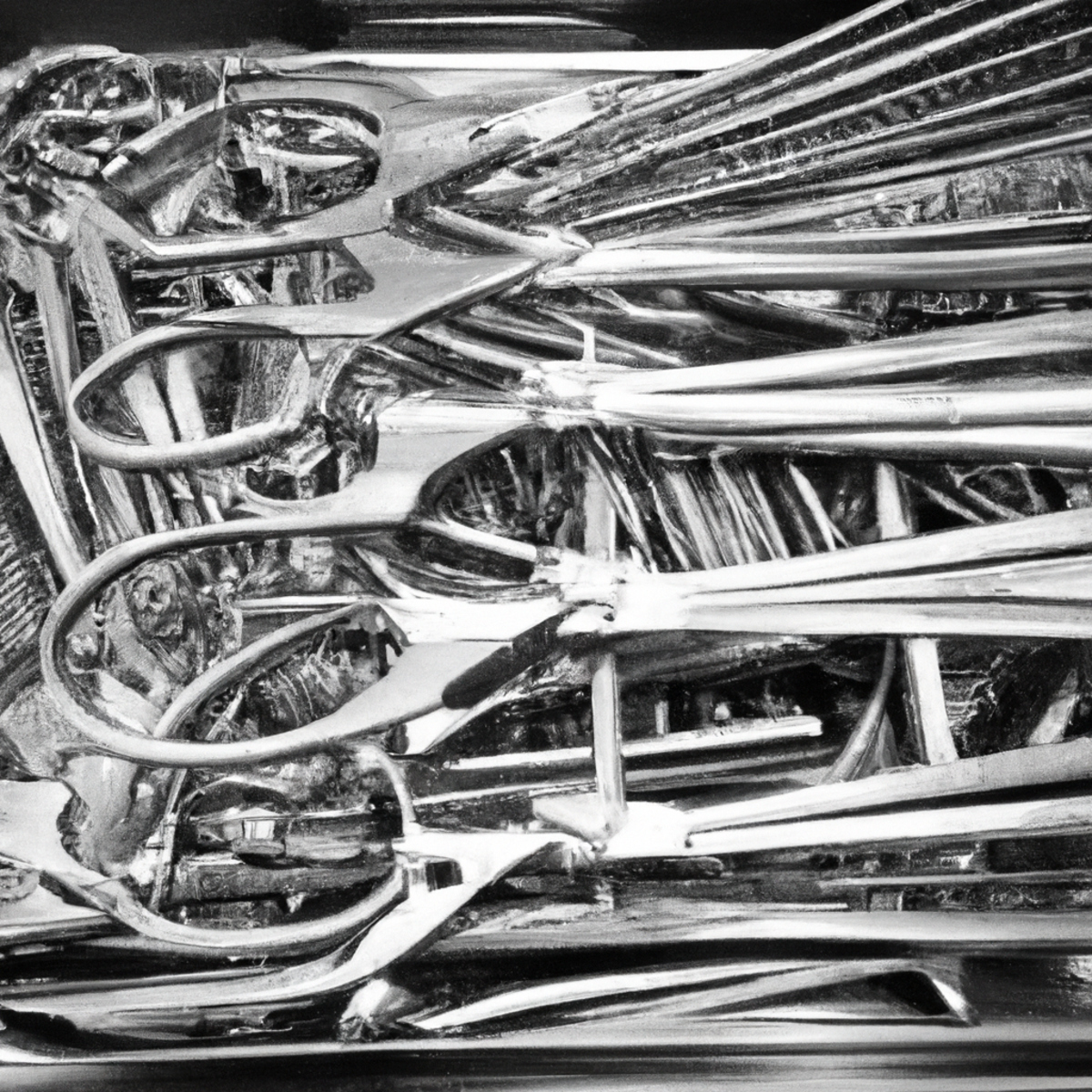 Surgical instrument tray with gleaming, intricate tools for gallbladder duplication surgeries.