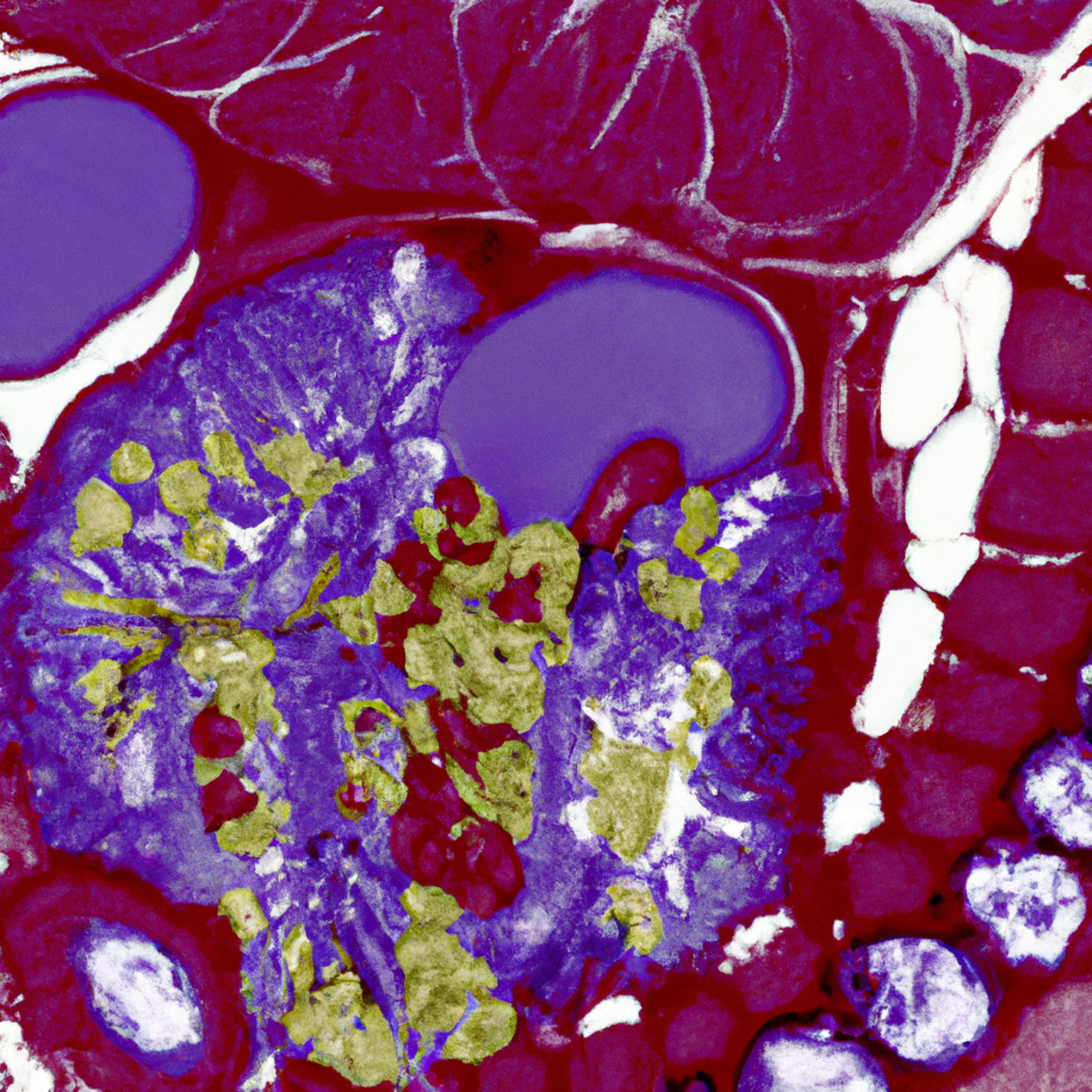 Gallbladder affected by adenomyomatosis, showcasing intricate details of abnormal growths and vibrant colors.