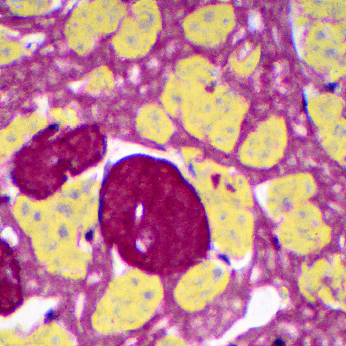 Close-up view of diseased gallbladder with yellow nodules and granulomatous formations, surrounded by blood vessels and connective fibers.