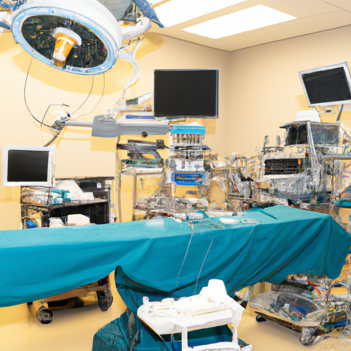 Close-up view of a well-lit surgical room with advanced laparoscopic system and medical professionals performing gallbladder neuroendocrine tumor procedure.