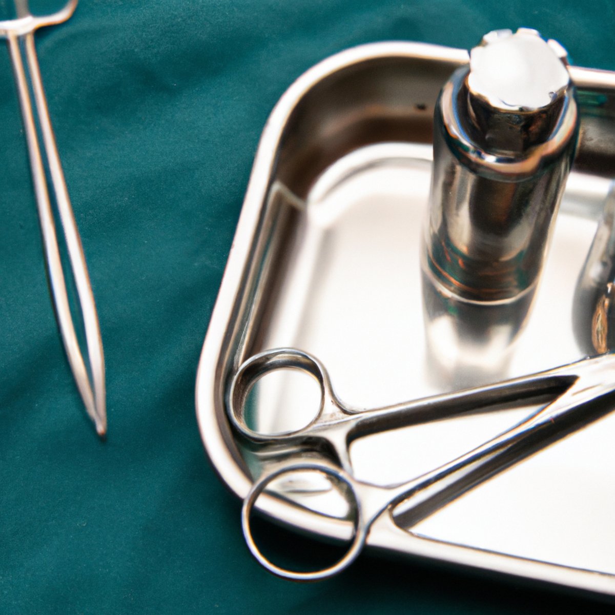 Sterile surgical tray with gleaming instruments and vial, highlighting precision in gallbladder carcinoid tumor treatment.
