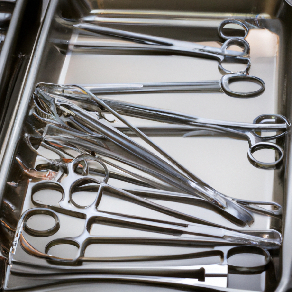 Close-up of surgical instrument tray with sterile tools and equipment, reflecting precision and professionalism. Focus on forceps and scalpel, symbolizing medical advancements in tackling Gallbladder Leiomyosarcoma.