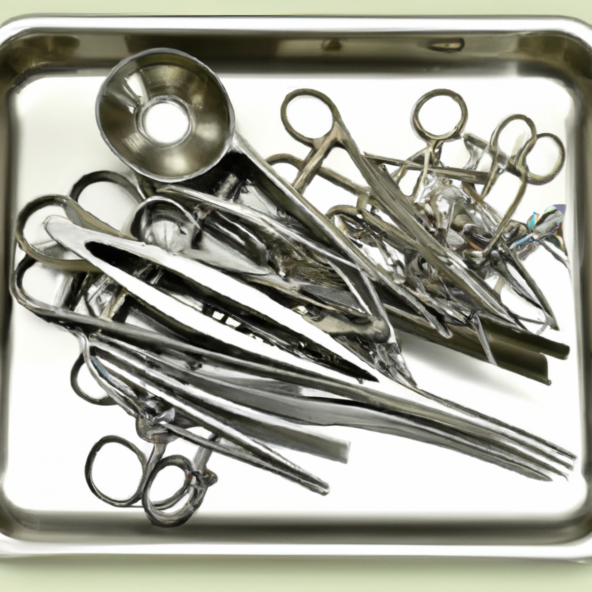 Surgical instrument tray with sterile scalpels, forceps, and retractors, reflecting bright lights in an operating room - Gallbladder Neuroendocrine Tumor 