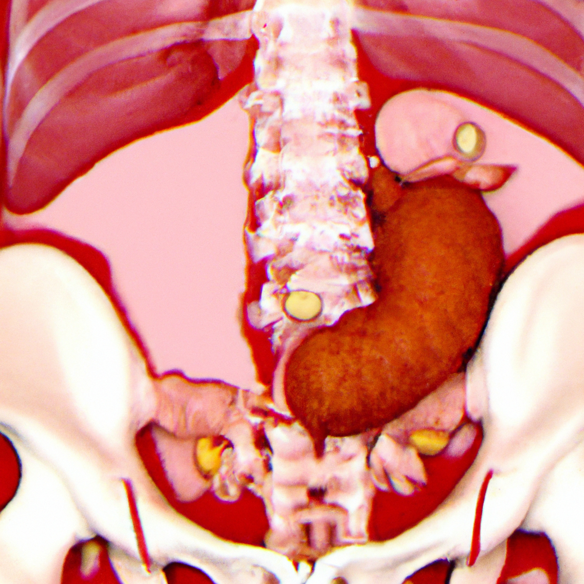 Close-up image of medical model showcasing human abdomen with absent gallbladder, highlighting surrounding organs.
