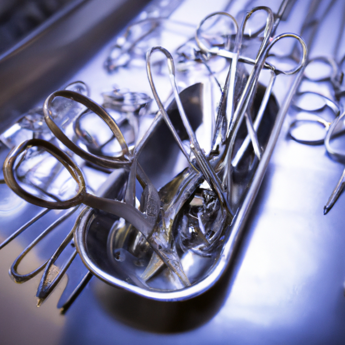 Close-up view of surgical instrument tray with stainless steel tools used in gallbladder surgeries. Gallbladder model held by forceps showcases intricate structure.