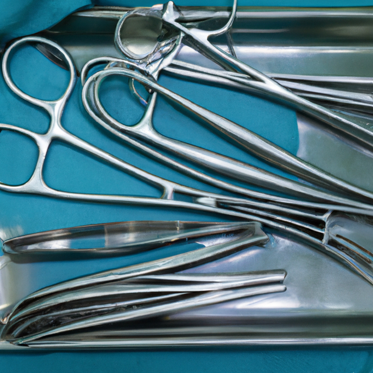 Sterile surgical tray with gleaming stainless steel instruments, showcasing precision and expertise in the operating room.